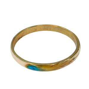 Vintage Enamel Peacock Feather Bangle Gold-Tone Bracelet Cream Blue Green